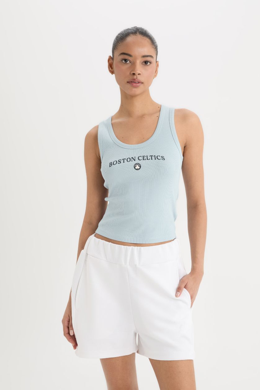 حريمي DULL BLUE تيشيرت كروب رياضي مضلع سليم فيت برقبة مستديرة من بوسطن سيلتكس