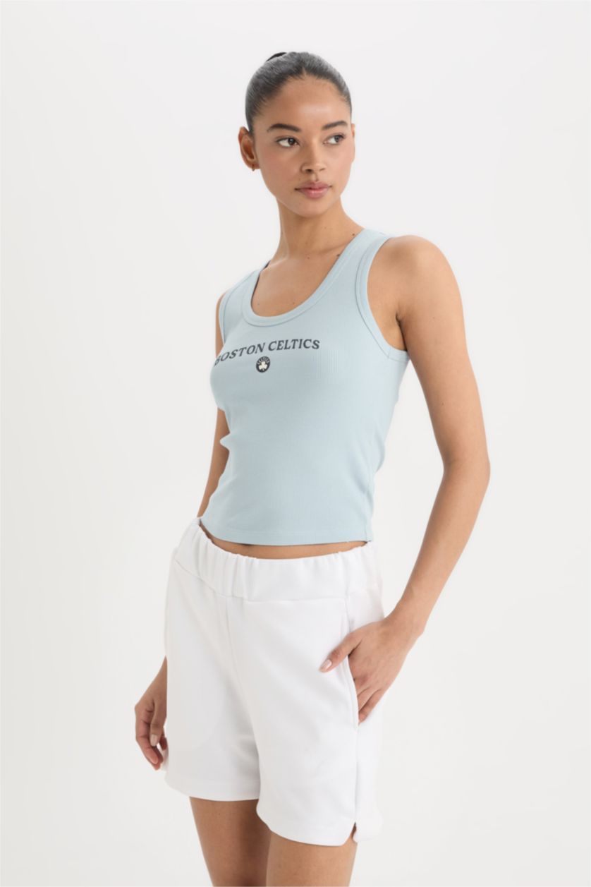 حريمي DULL BLUE تيشيرت كروب رياضي مضلع سليم فيت برقبة مستديرة من بوسطن سيلتكس