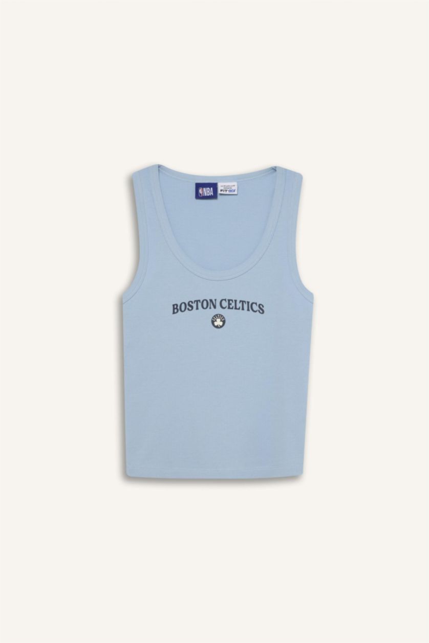 حريمي DULL BLUE تيشيرت كروب رياضي مضلع سليم فيت برقبة مستديرة من بوسطن سيلتكس