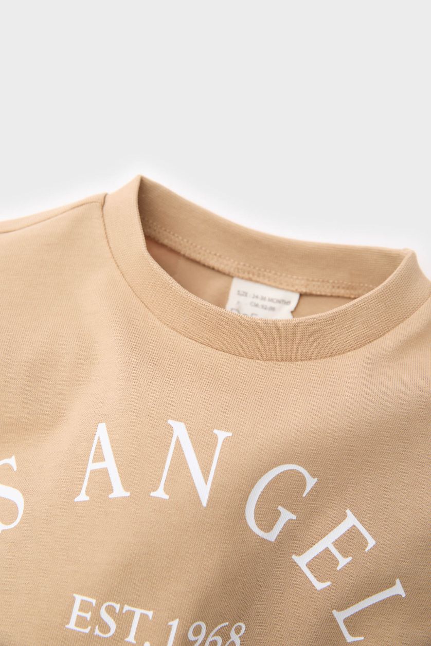 BABY BOY Beige Baby Boy Regular Fit Crew Neck Slogan Printed T-Shirt