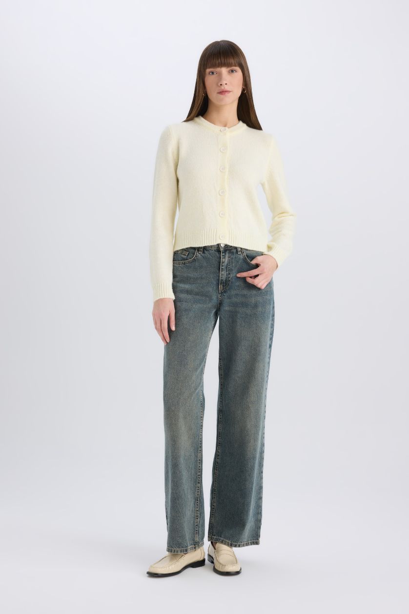 Woman Light Yellow Regular Fit Crew Neck Basic Button Knitwear Cardigan