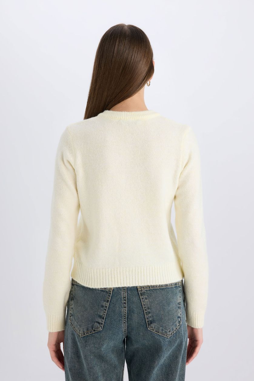 Woman Light Yellow Regular Fit Crew Neck Basic Button Knitwear Cardigan