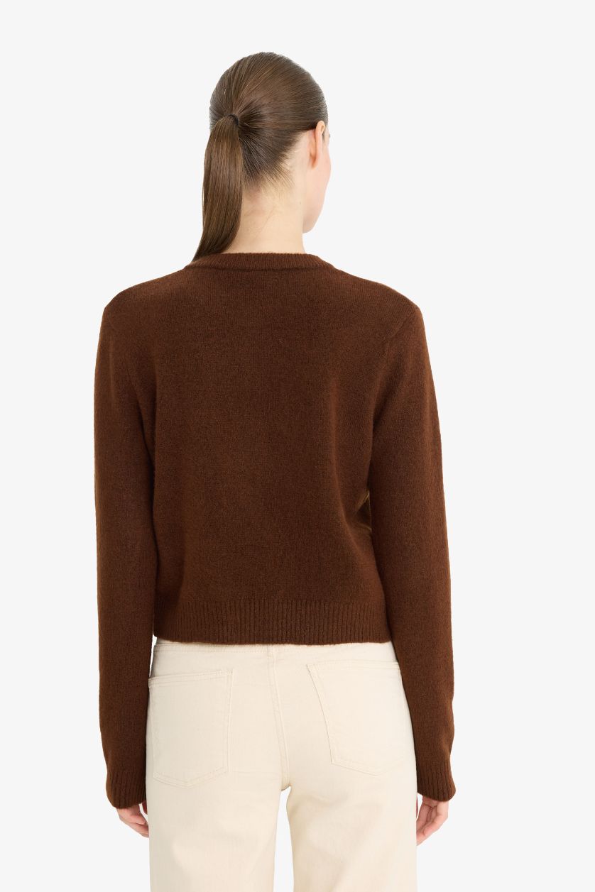 Kadın Kahve Regular Fit Bisiklet Yaka Basic Düz Düğmeli Soft Touch Yumuşak Triko Hırka