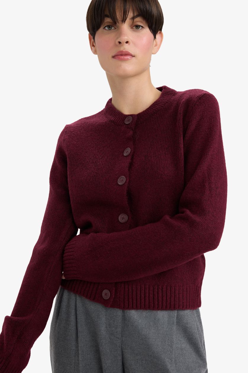 Женщины Бордовый Regular Fit базовый кардиган с круглым вырезом и пуговицами, мягкий на ощупь