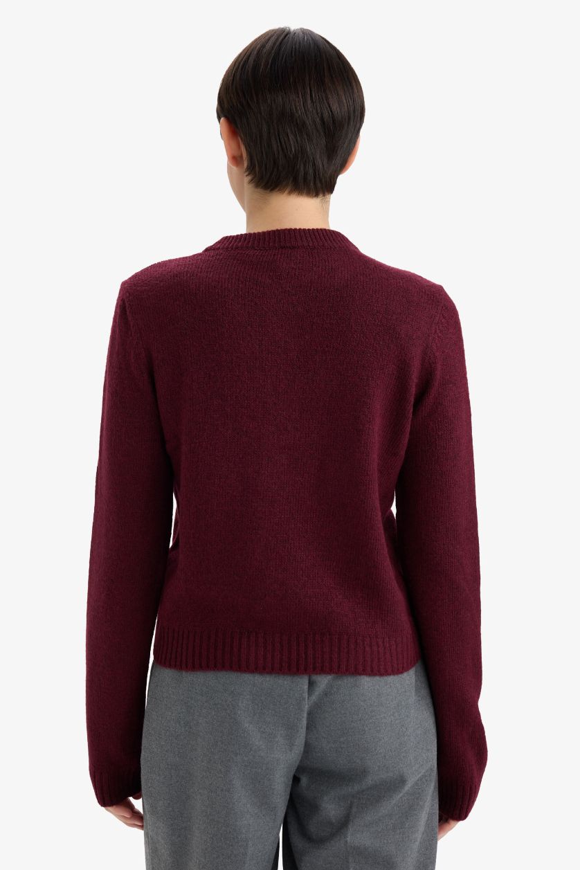 Женщины Бордовый Regular Fit базовый кардиган с круглым вырезом и пуговицами, мягкий на ощупь