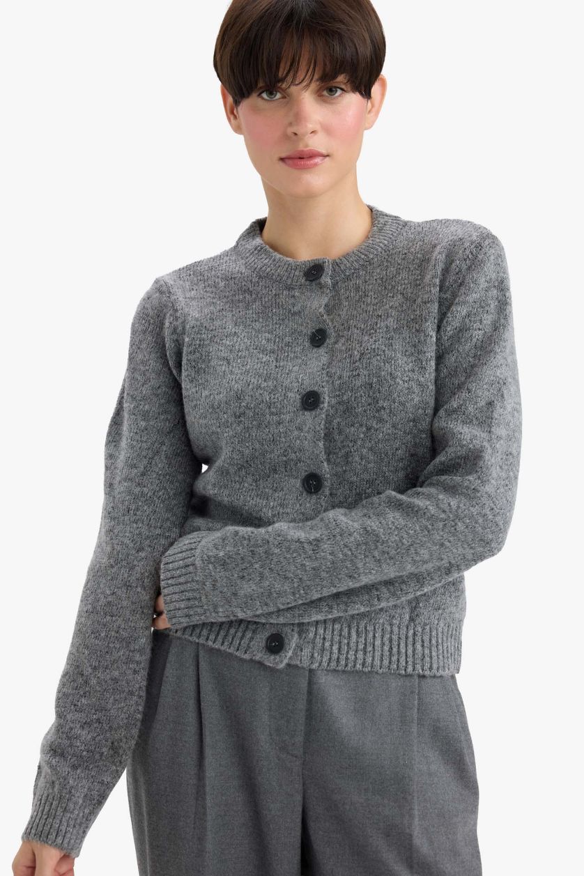 WOMAN Grey Regular Fit Basic Buttoned Soft Touch Soft Knit Cardigan