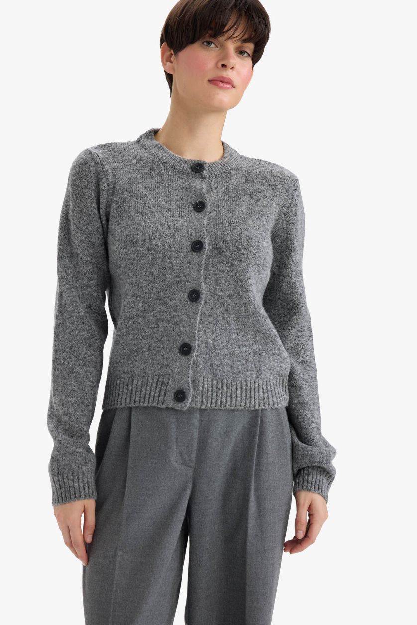 WOMAN Grey Regular Fit Basic Buttoned Soft Touch Soft Knit Cardigan