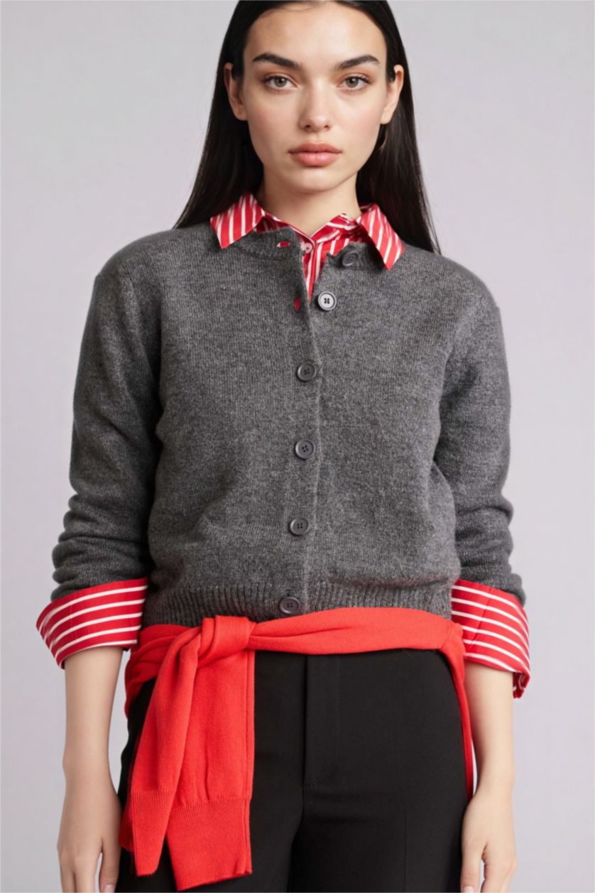 Woman Anthracite Regular Fit Crew Neck Cardigan
