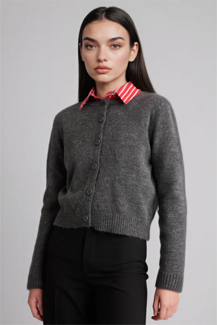Woman Anthracite Regular Fit Crew Neck Cardigan