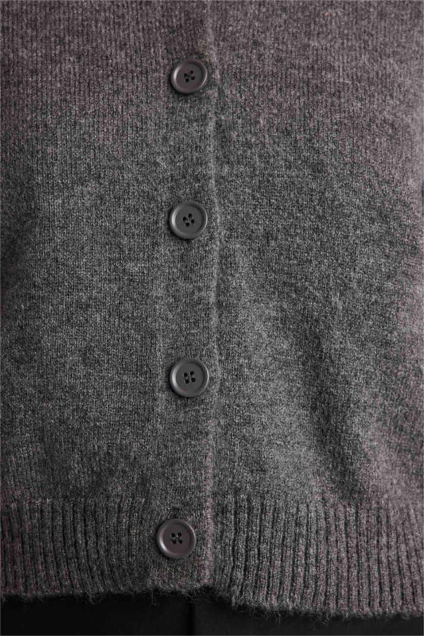 Woman Anthracite Regular Fit Crew Neck Cardigan