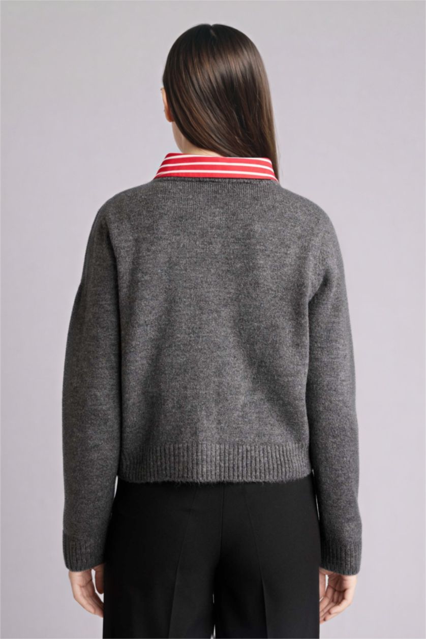 Woman Anthracite Regular Fit Crew Neck Cardigan
