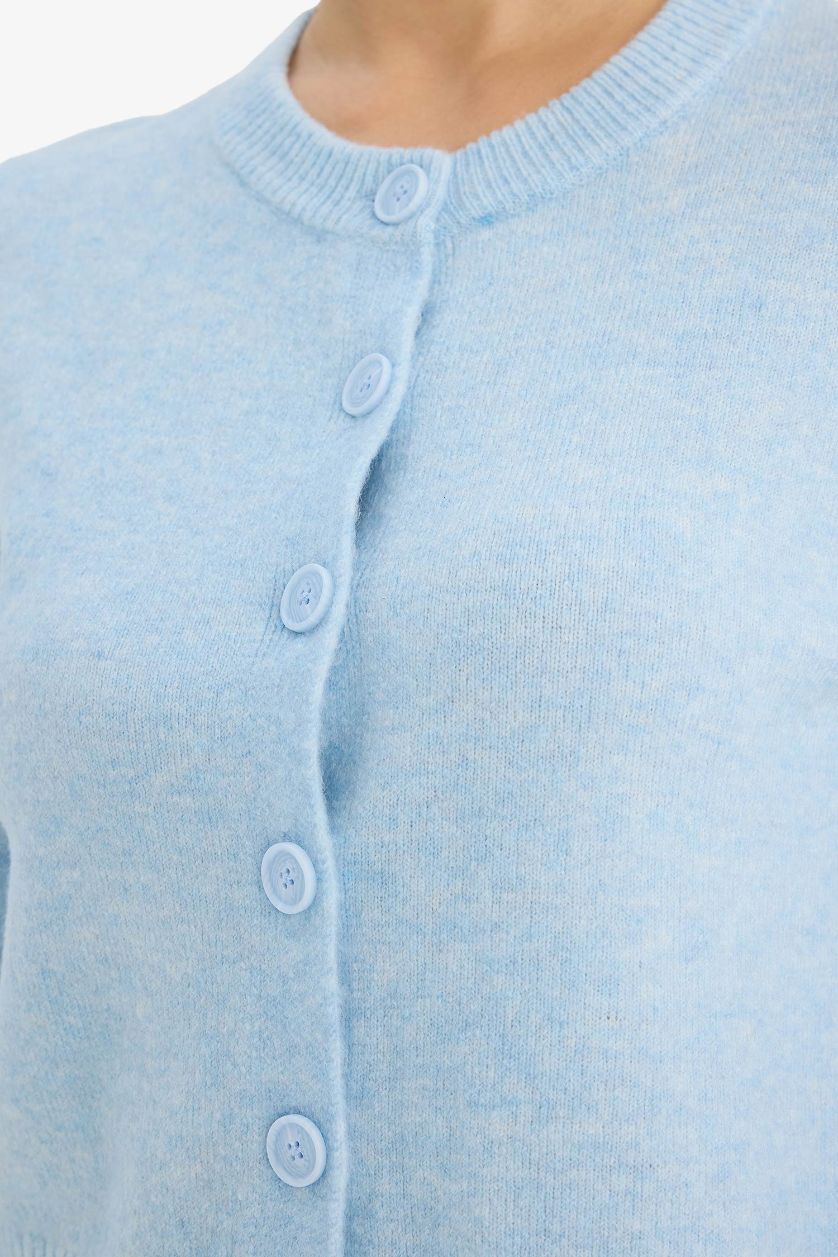 Woman Light Blue Regular Fit Crew Neck Cardigan