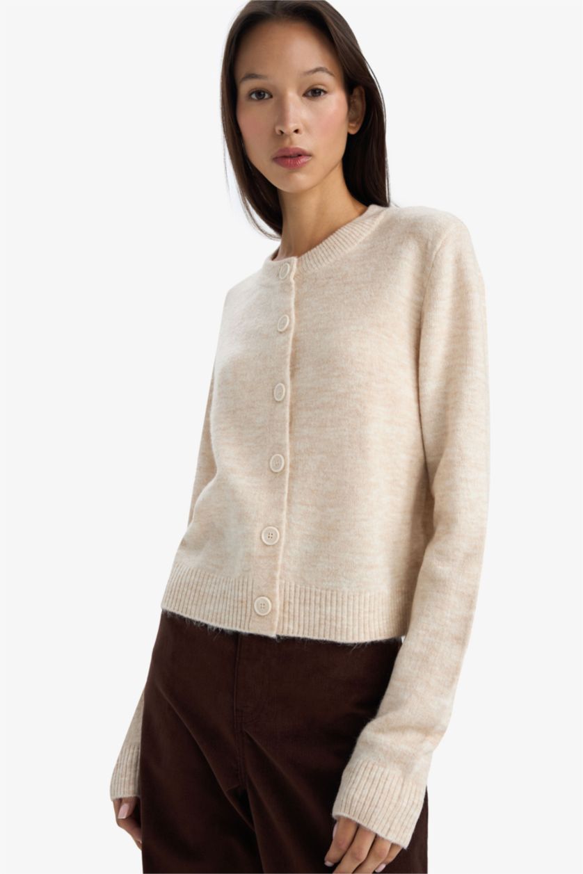 Әйелдерге Ашық Бежевый Regular Fit дөңгелек жағалы кардиган