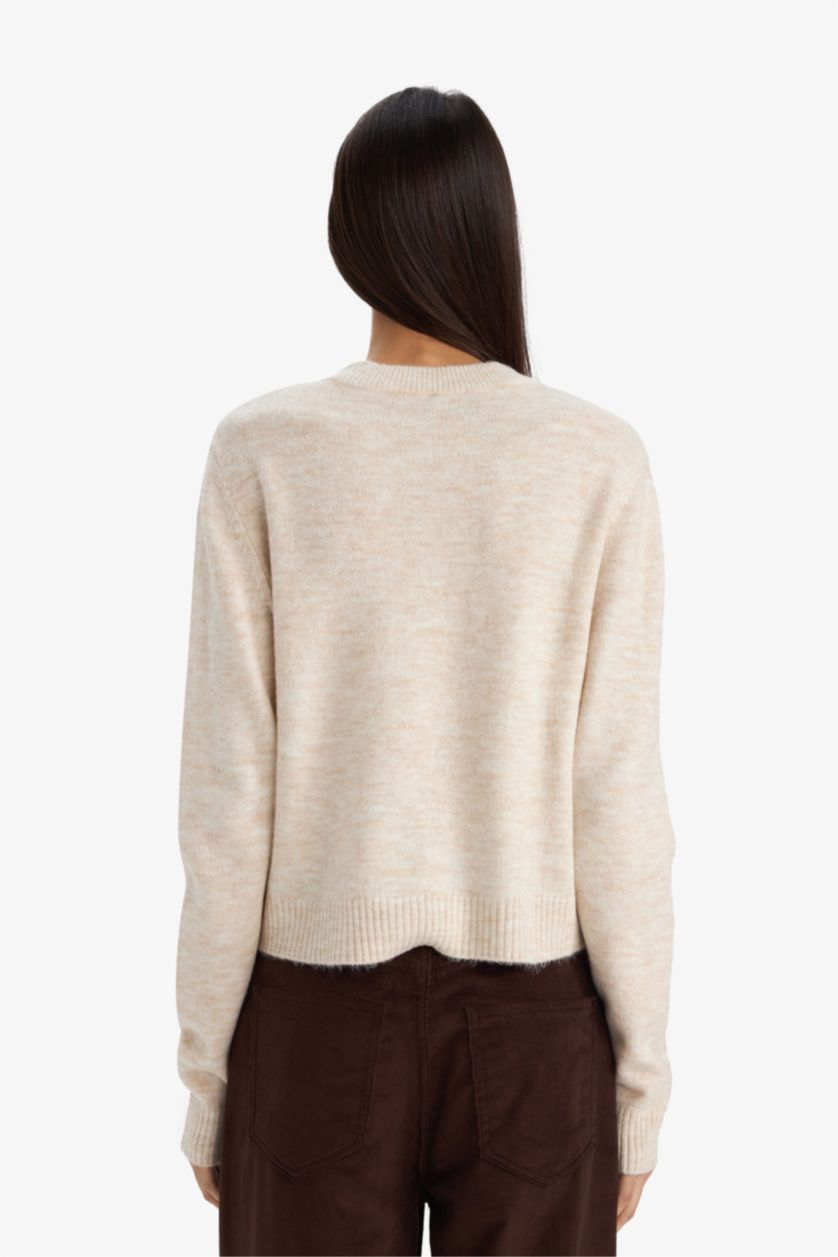 Әйелдерге Ашық Бежевый Regular Fit дөңгелек жағалы кардиган