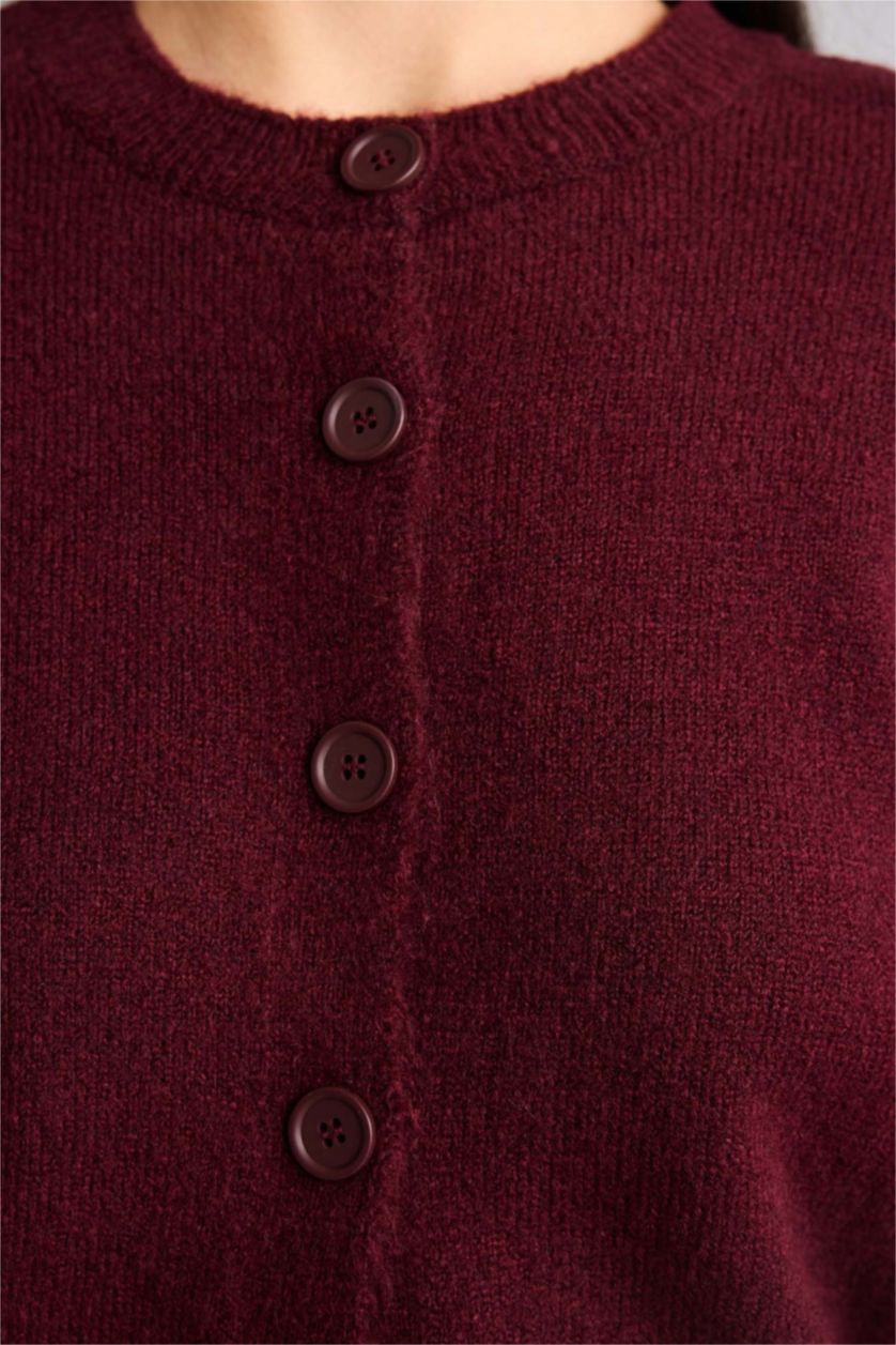 Woman Bordeaux Regular Fit Crew Neck Cardigan