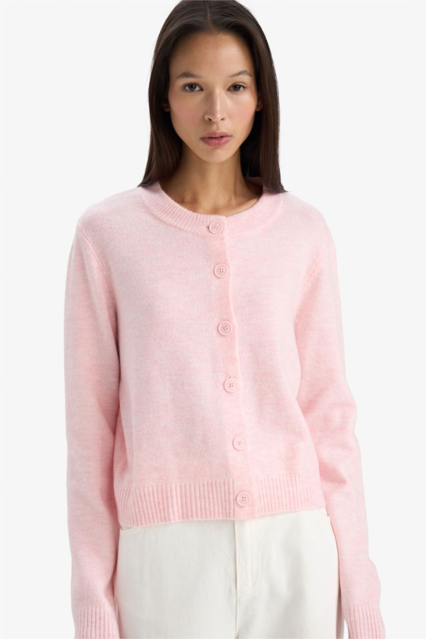 Woman Pink Regular Fit Crew Neck Cardigan