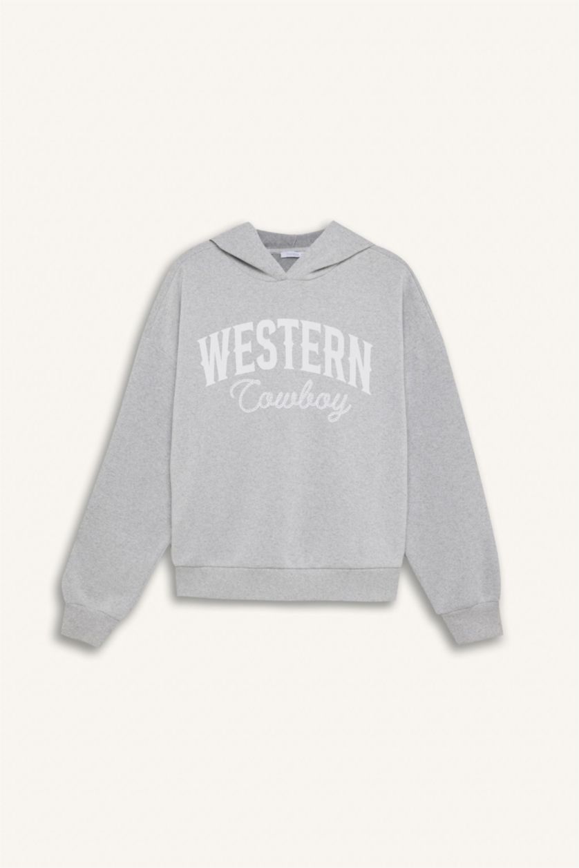 نساء ميلانج رمادي سويت شيرت اوفر سايز تقيل بغطاء للرأس