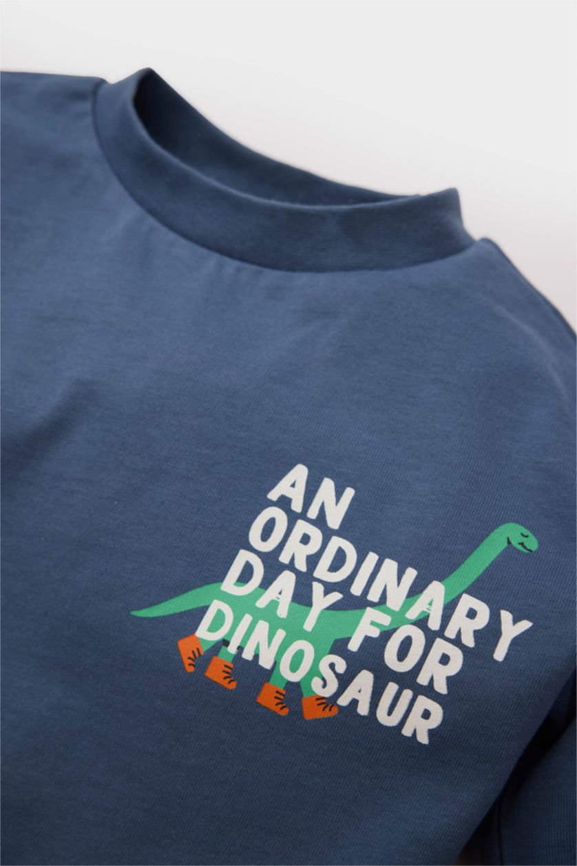 Erkek Bebek Açık İndigo Bisiklet Yaka Baskılı Uzun Kollu Tişört Erkek Bebek