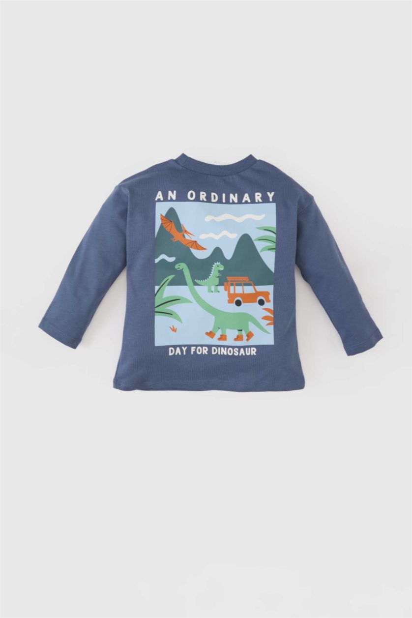 Erkek Bebek Açık İndigo Bisiklet Yaka Baskılı Uzun Kollu Tişört Erkek Bebek