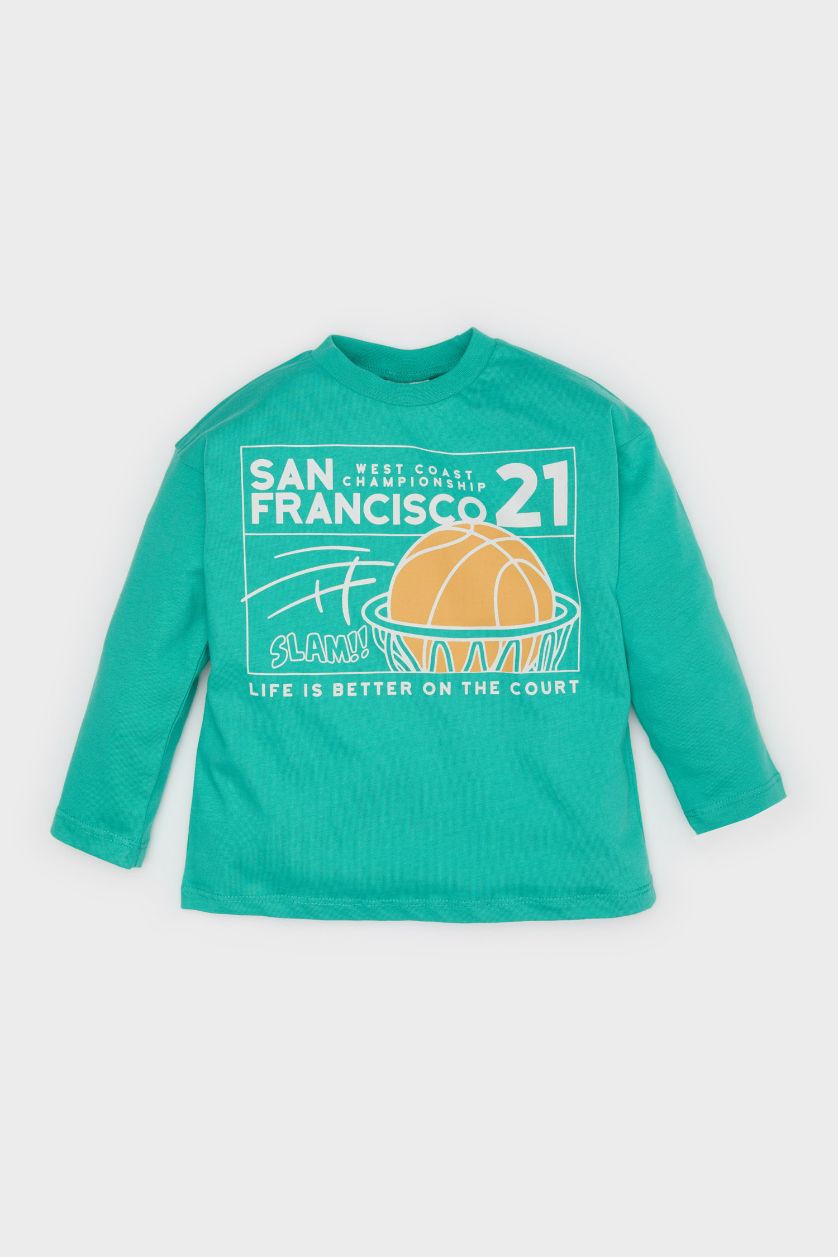 Erkek Bebek Yeşil Bisiklet Yaka Spor Baskılı Uzun Kollu Tişört Erkek Bebek