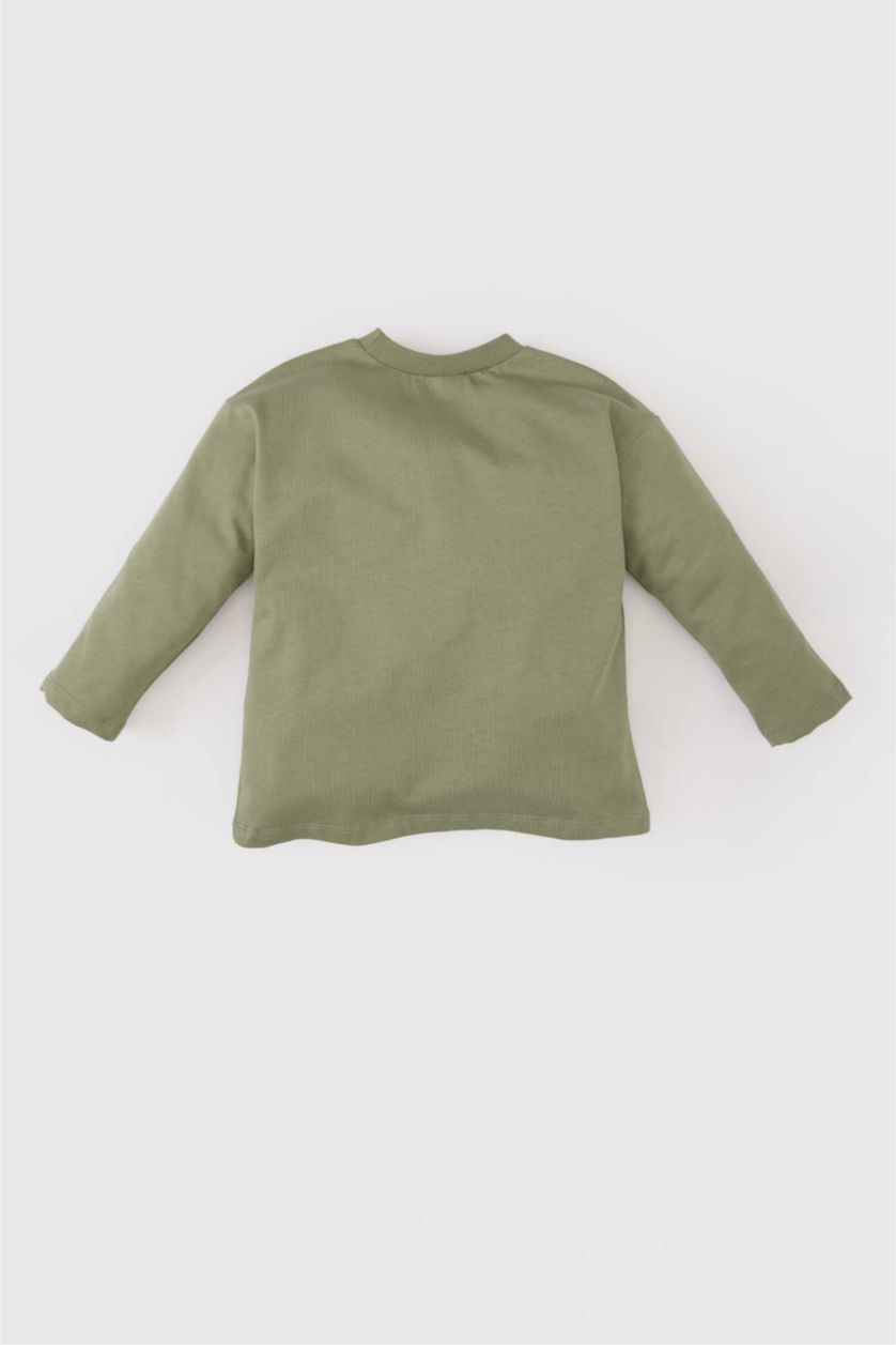 Erkek Bebek Haki Bisiklet Yaka Aslan Baskılı Uzun Kollu Tişört Erkek Bebek