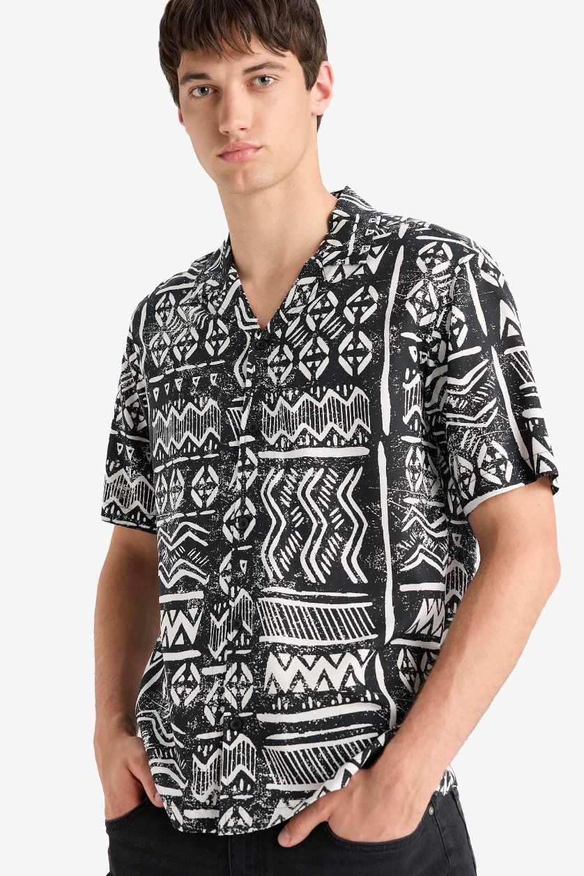 رجال أسود قميص نص ردن قصة عادية بياخة عالية