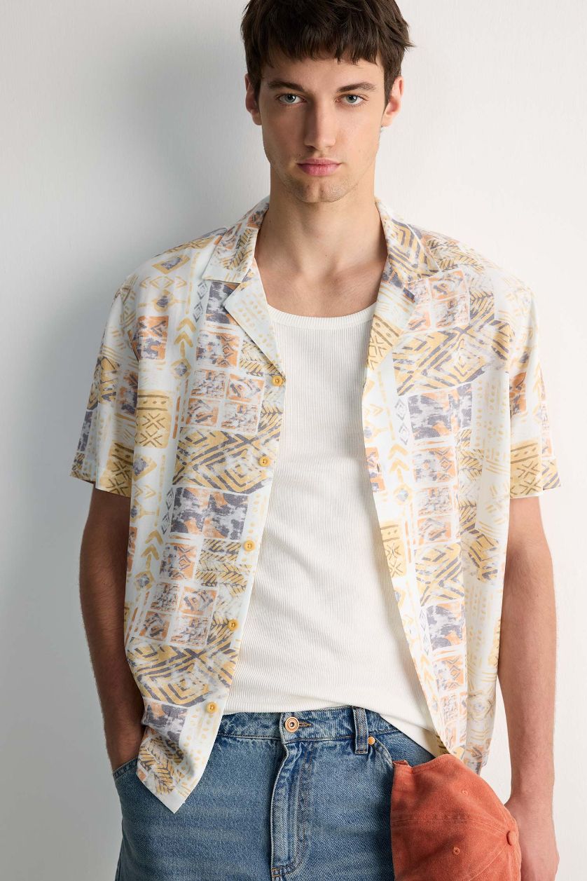 Erkek Taş New Regular Fit Apaş Yaka Desenli Kısa Kollu Gömlek