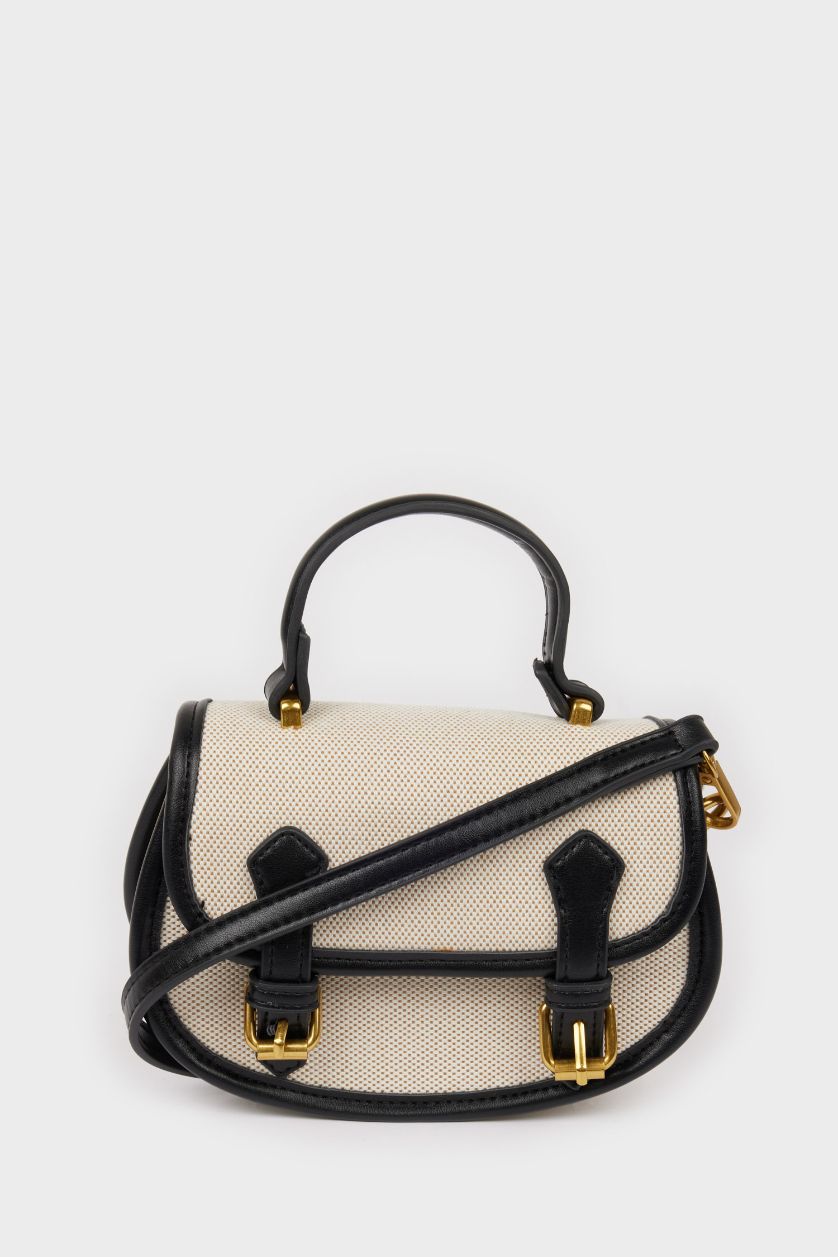 Woman Beige Woman Canvas Look Faux Leather Shoulder Bag