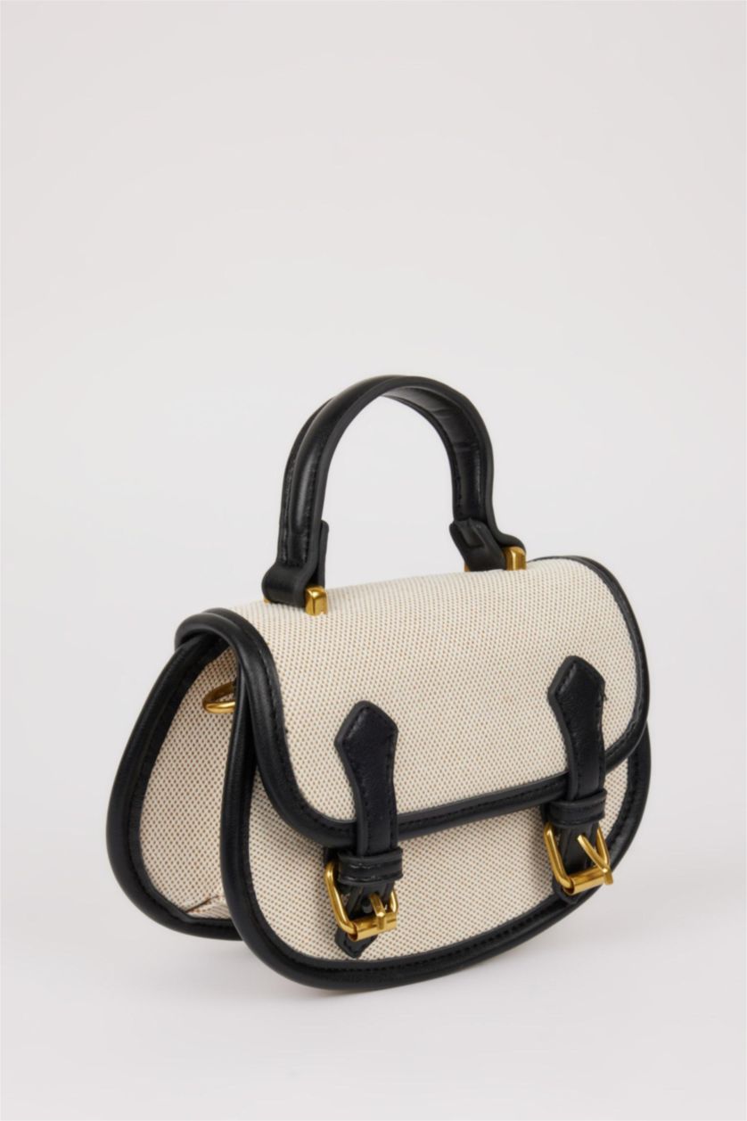 Woman Beige Woman Canvas Look Faux Leather Shoulder Bag