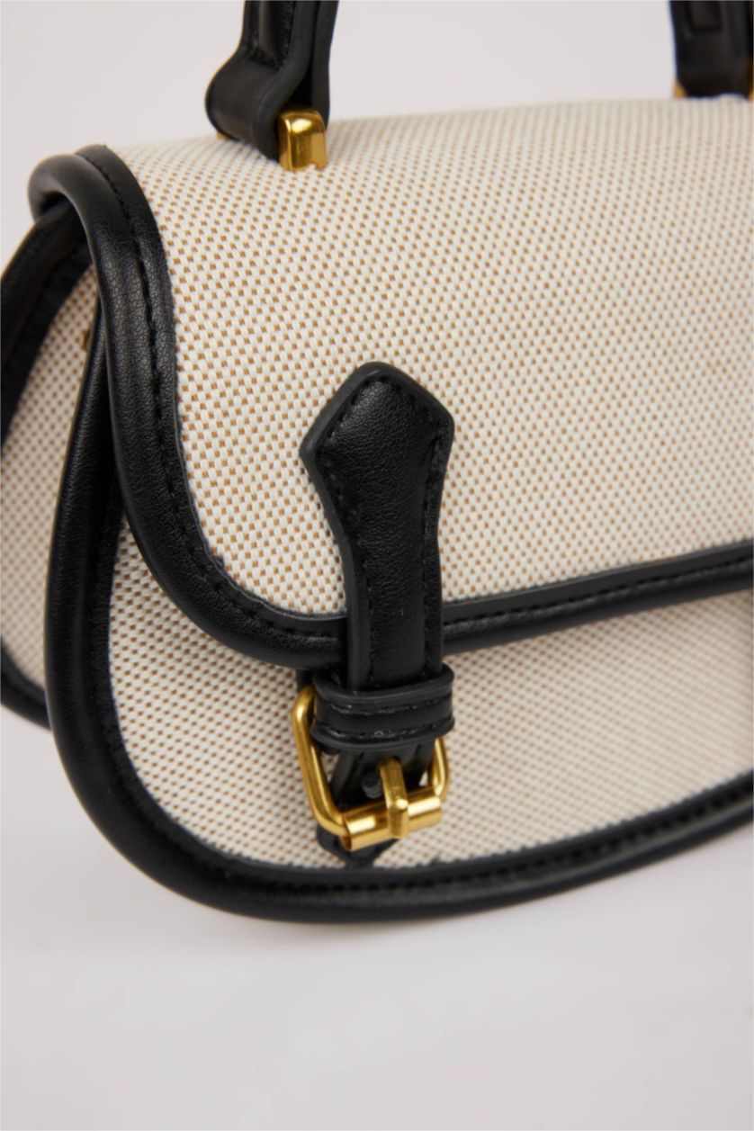 Woman Beige Woman Canvas Look Faux Leather Shoulder Bag