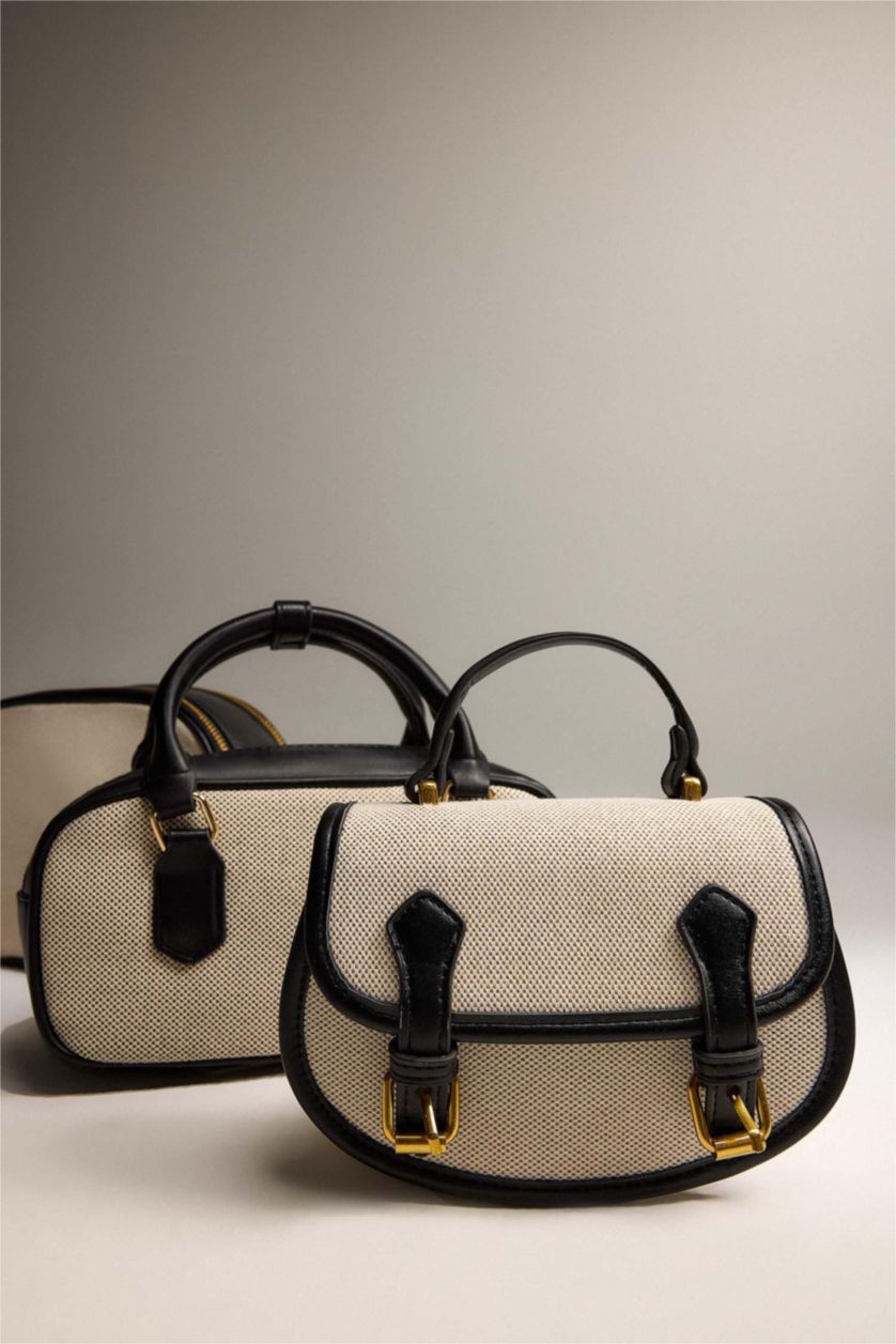 Woman Beige Woman Canvas Look Faux Leather Shoulder Bag