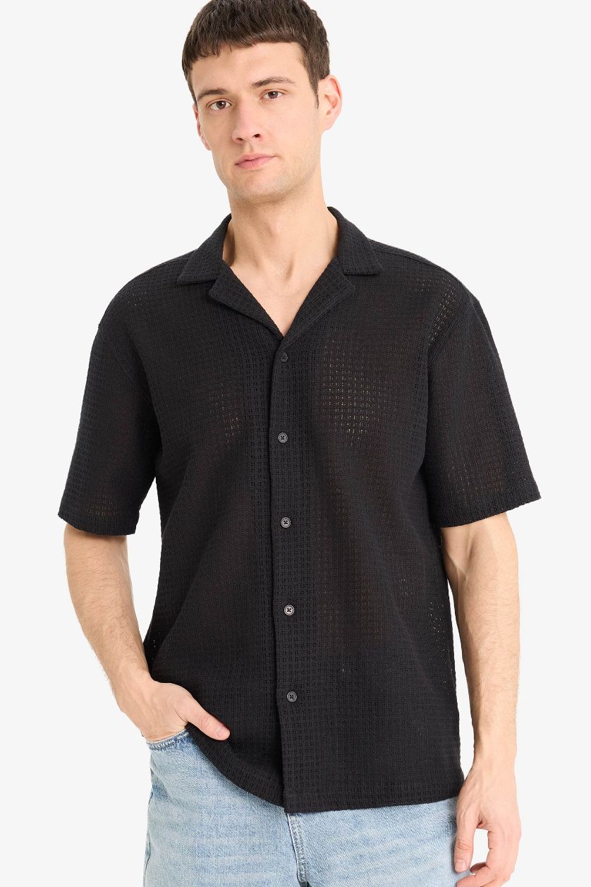 HOMME Noir Chemise à manches courtes Coupe droite