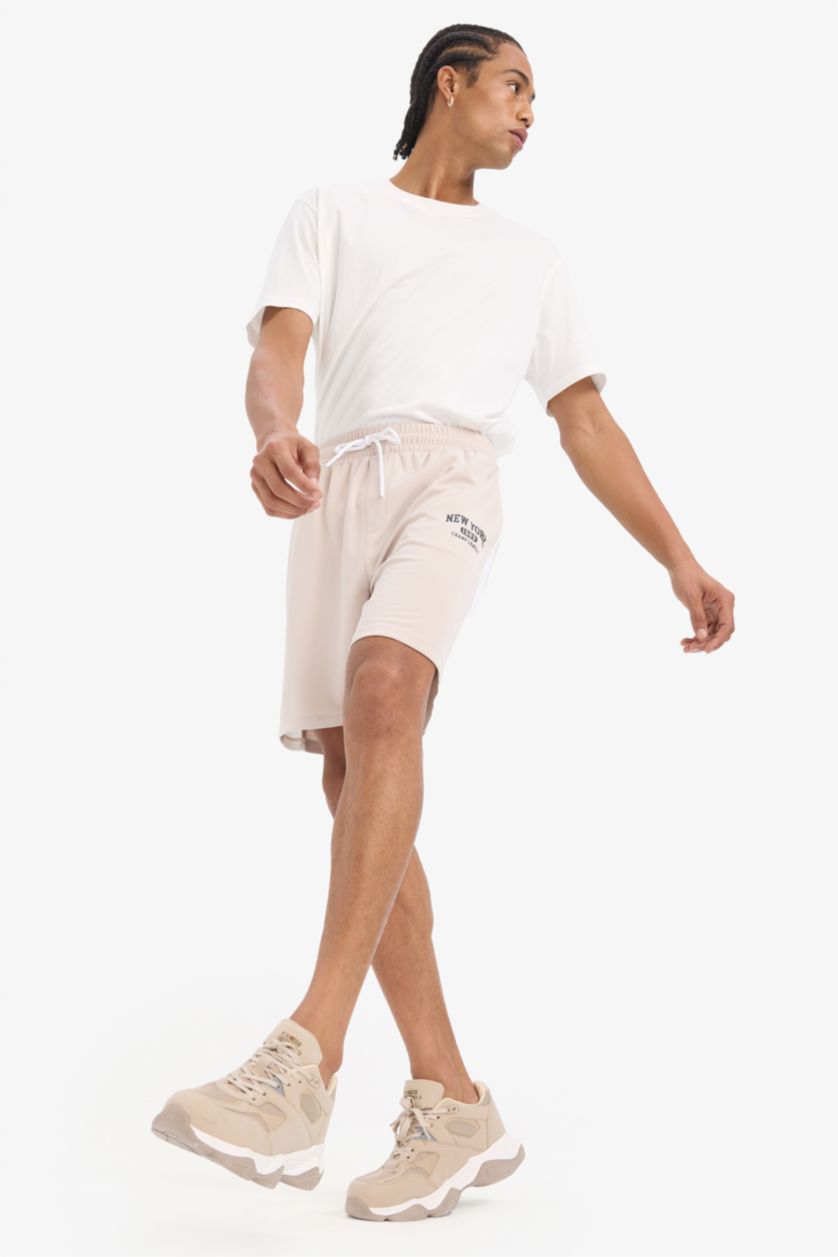 رجال اللون الحجري DeFactoFit شورت قصير رياضي قصة عادية مطبوع بجيب من