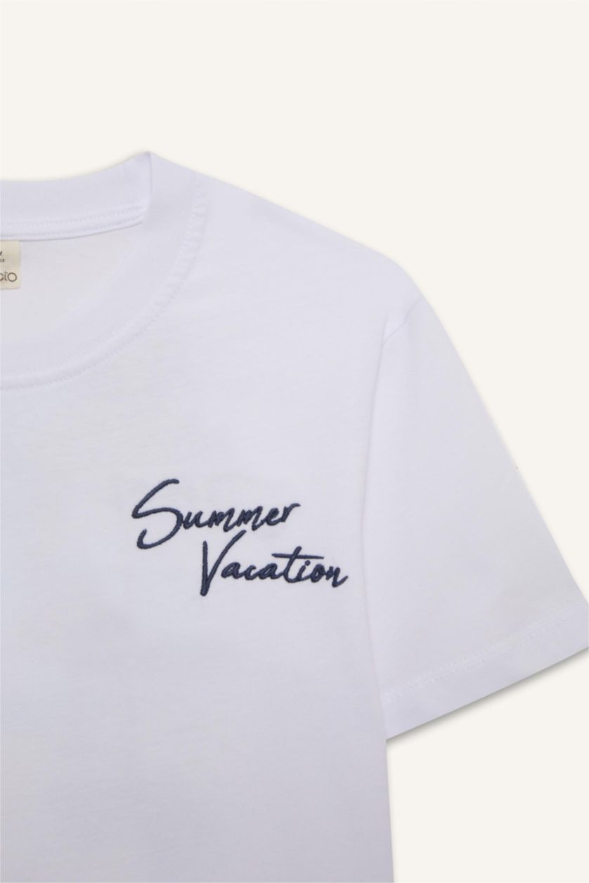 Erkek Çocuk - Genç Erkek Violet Beyaz Bisiklet Yaka Baskılı Kısa Kollu Tişört Erkek Çocuk