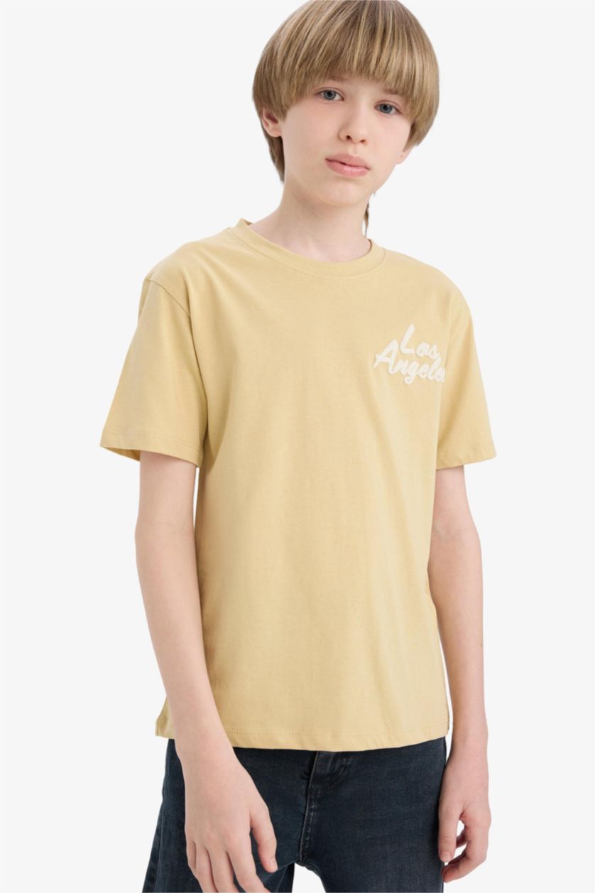 Erkek Çocuk - Genç Erkek Bej Bisiklet Yaka Baskılı Kısa Kollu Tişört Erkek Çocuk