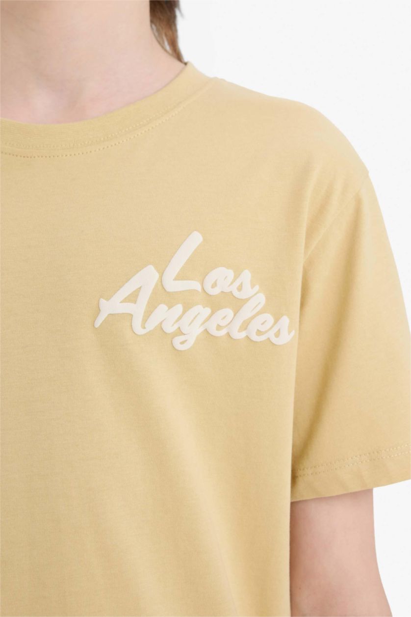 Erkek Çocuk - Genç Erkek Bej Bisiklet Yaka Baskılı Kısa Kollu Tişört Erkek Çocuk