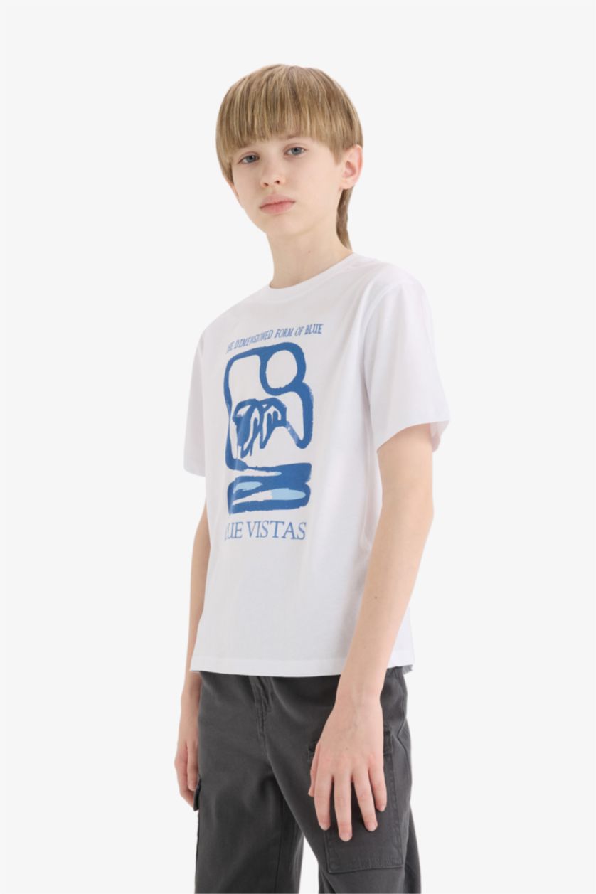 Erkek Çocuk - Genç Erkek Beyaz Bisiklet Yaka Baskılı Kısa Kollu Tişört Erkek Çocuk