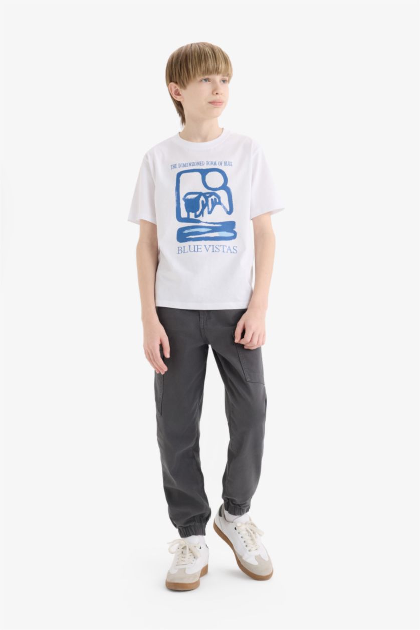 Erkek Çocuk - Genç Erkek Beyaz Bisiklet Yaka Baskılı Kısa Kollu Tişört Erkek Çocuk