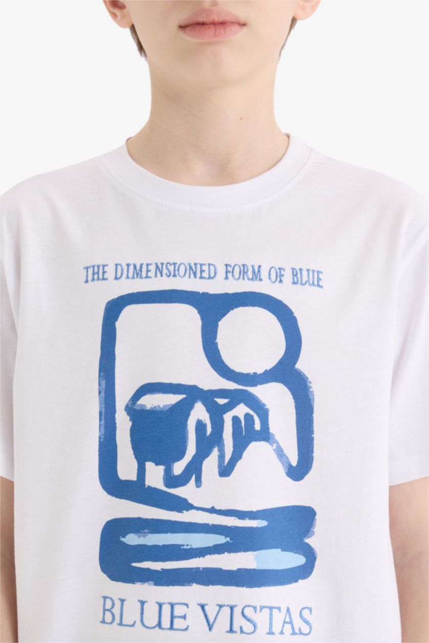 Erkek Çocuk - Genç Erkek Beyaz Bisiklet Yaka Baskılı Kısa Kollu Tişört Erkek Çocuk