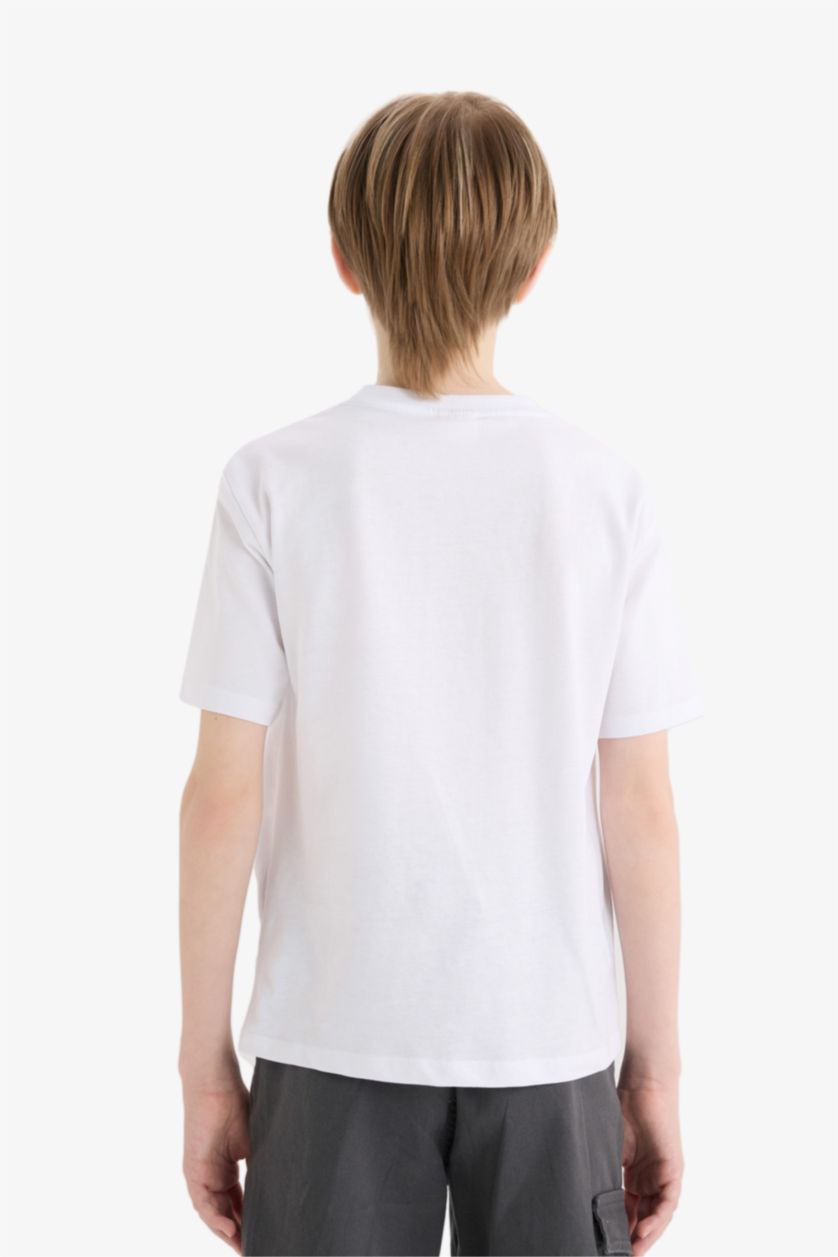 Erkek Çocuk - Genç Erkek Beyaz Bisiklet Yaka Baskılı Kısa Kollu Tişört Erkek Çocuk