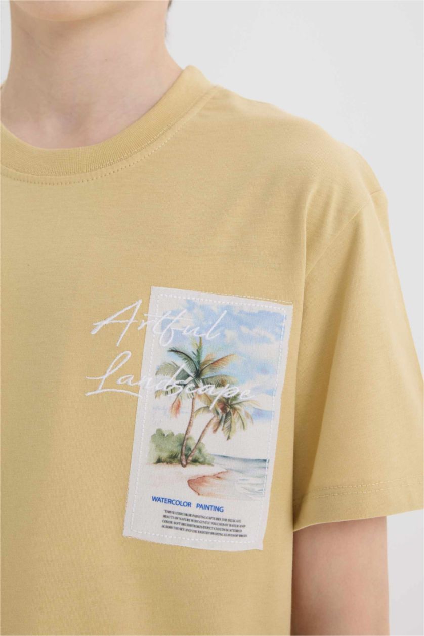 Erkek Çocuk - Genç Erkek Bej Bisiklet Yaka Nakışlı Kısa Kollu Tişört Erkek Çocuk