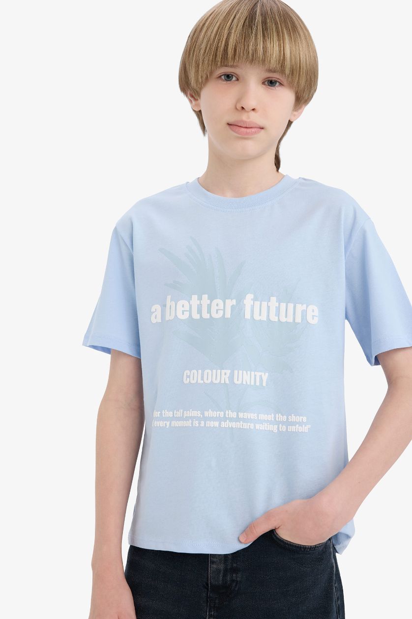 أولاد أزرق فاتح تيشيرت ولادي نص ردن مطبوع قصة عادية
