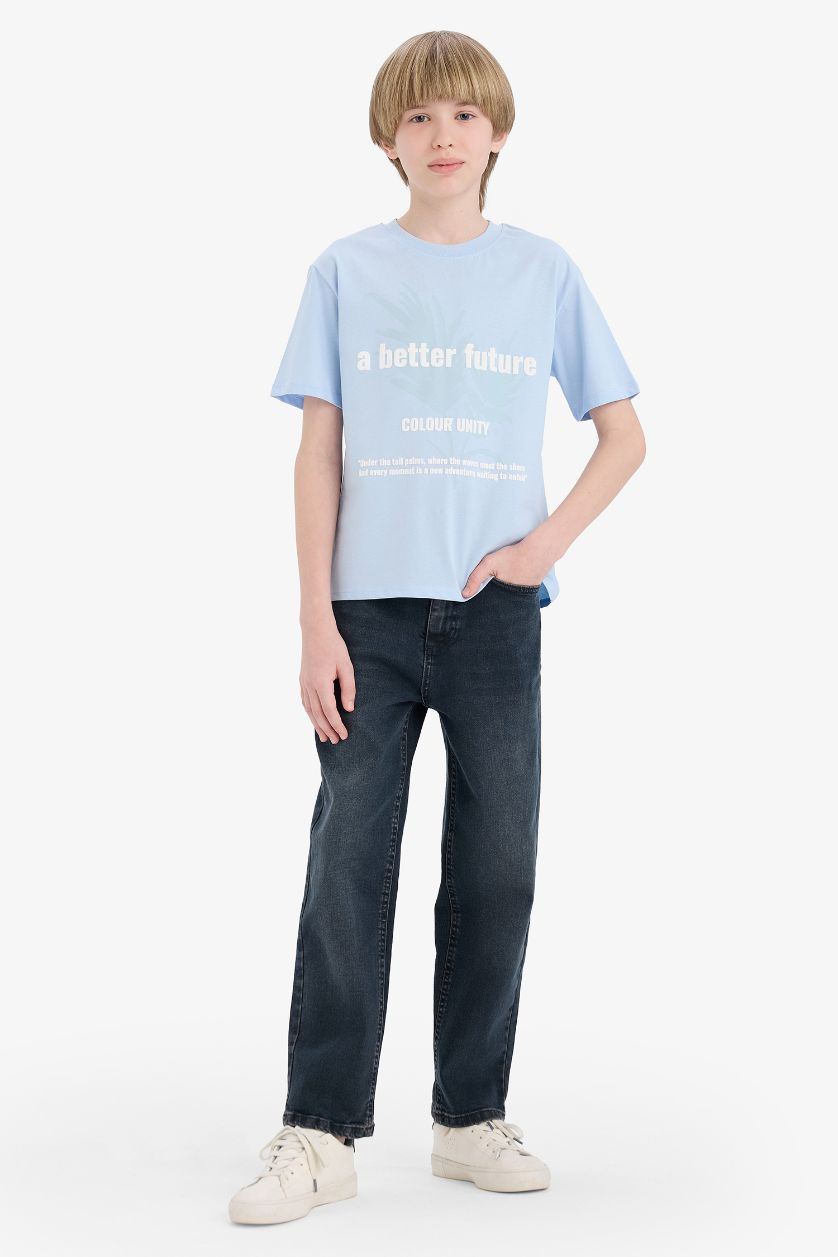 أولاد أزرق فاتح تيشيرت ولادي نص ردن مطبوع قصة عادية