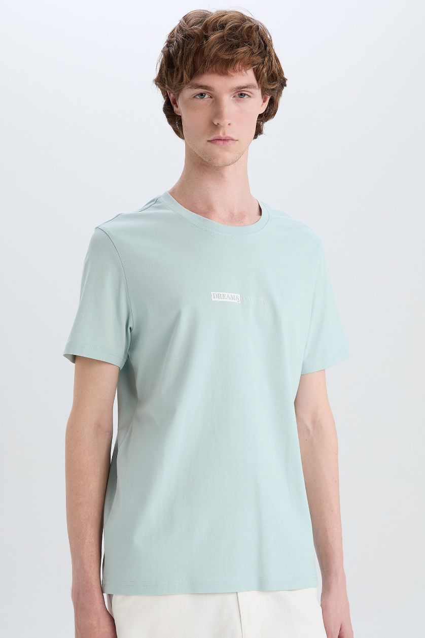 MAN Light Blue Cotton Slim Fit Crew Neck Printed Short Sleeve T-Shirt