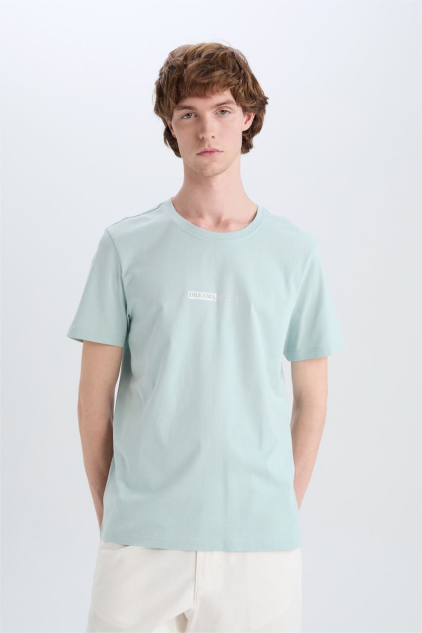 MAN Light Blue Cotton Slim Fit Crew Neck Printed Short Sleeve T-Shirt