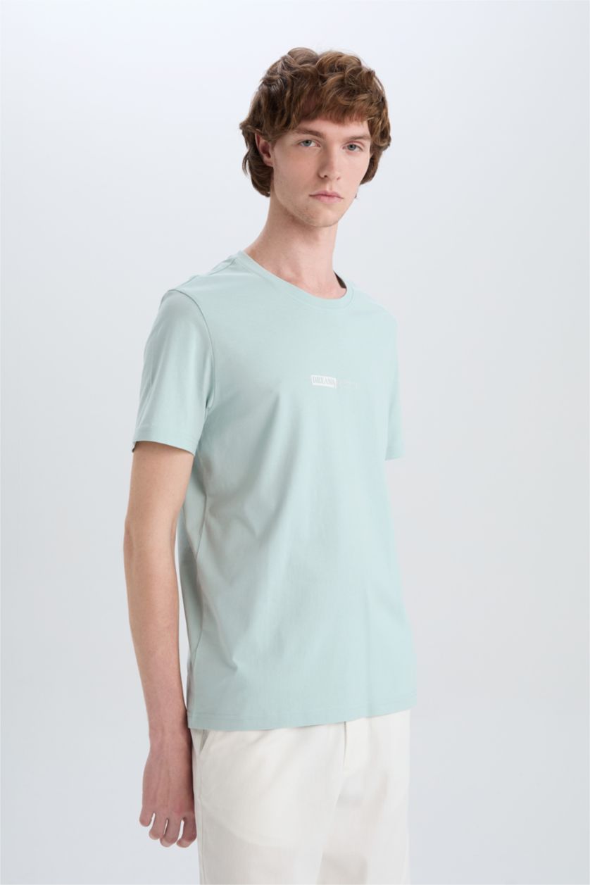 MAN Light Blue Cotton Slim Fit Crew Neck Printed Short Sleeve T-Shirt