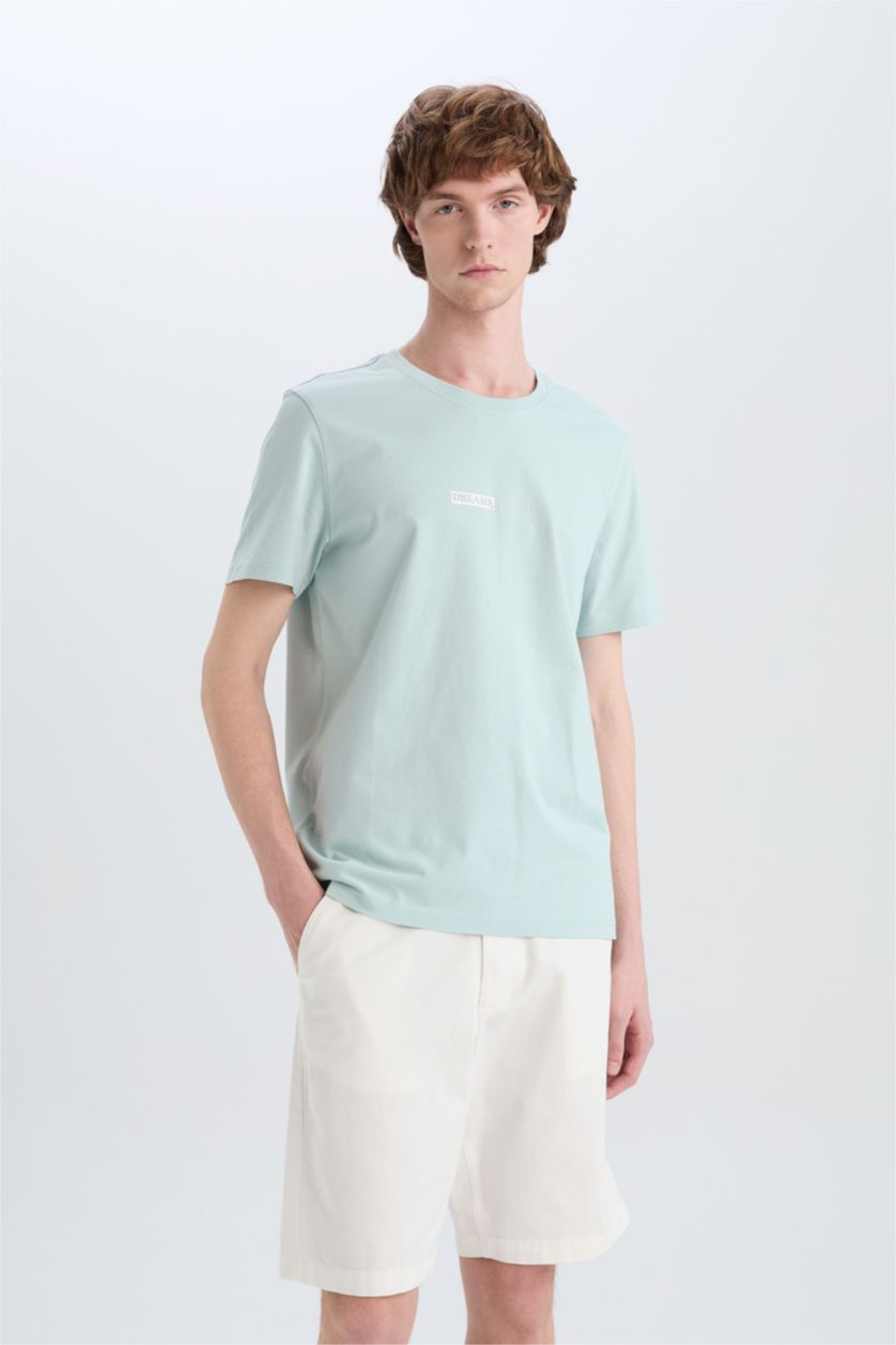 MAN Light Blue Cotton Slim Fit Crew Neck Printed Short Sleeve T-Shirt