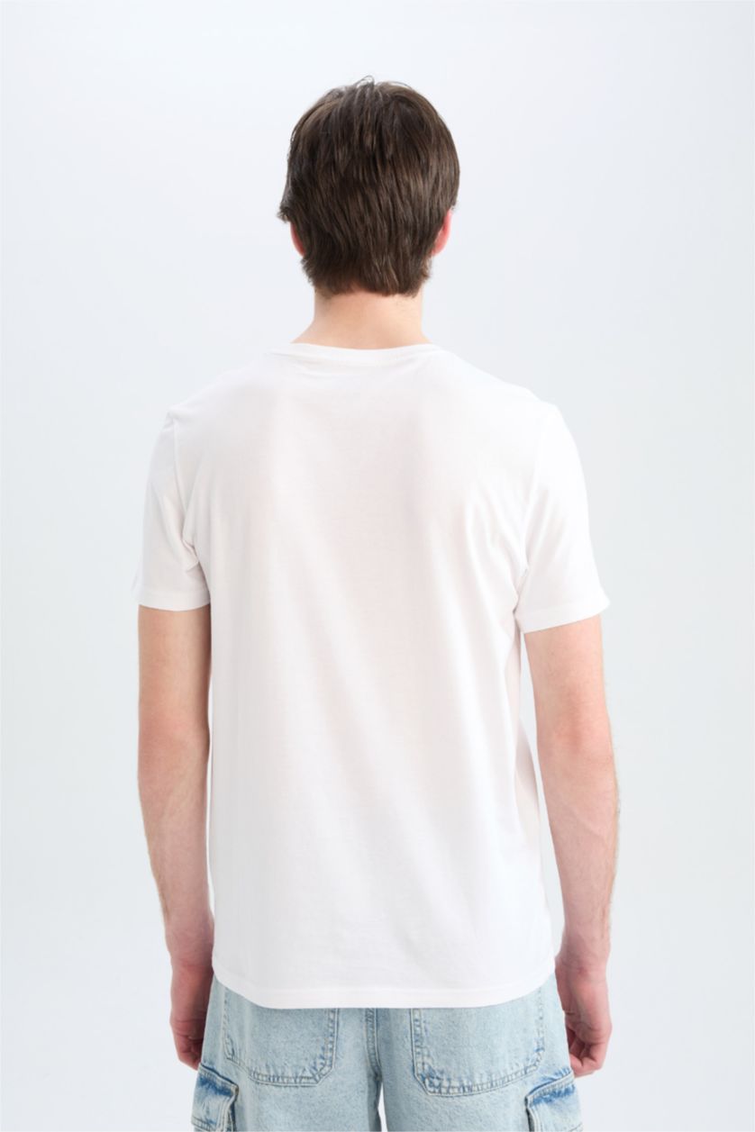 Erkek Beyaz %100 Pamuk Slim Fit Dar Kesim Bisiklet Yaka Baskılı Kısa Kollu Tişört