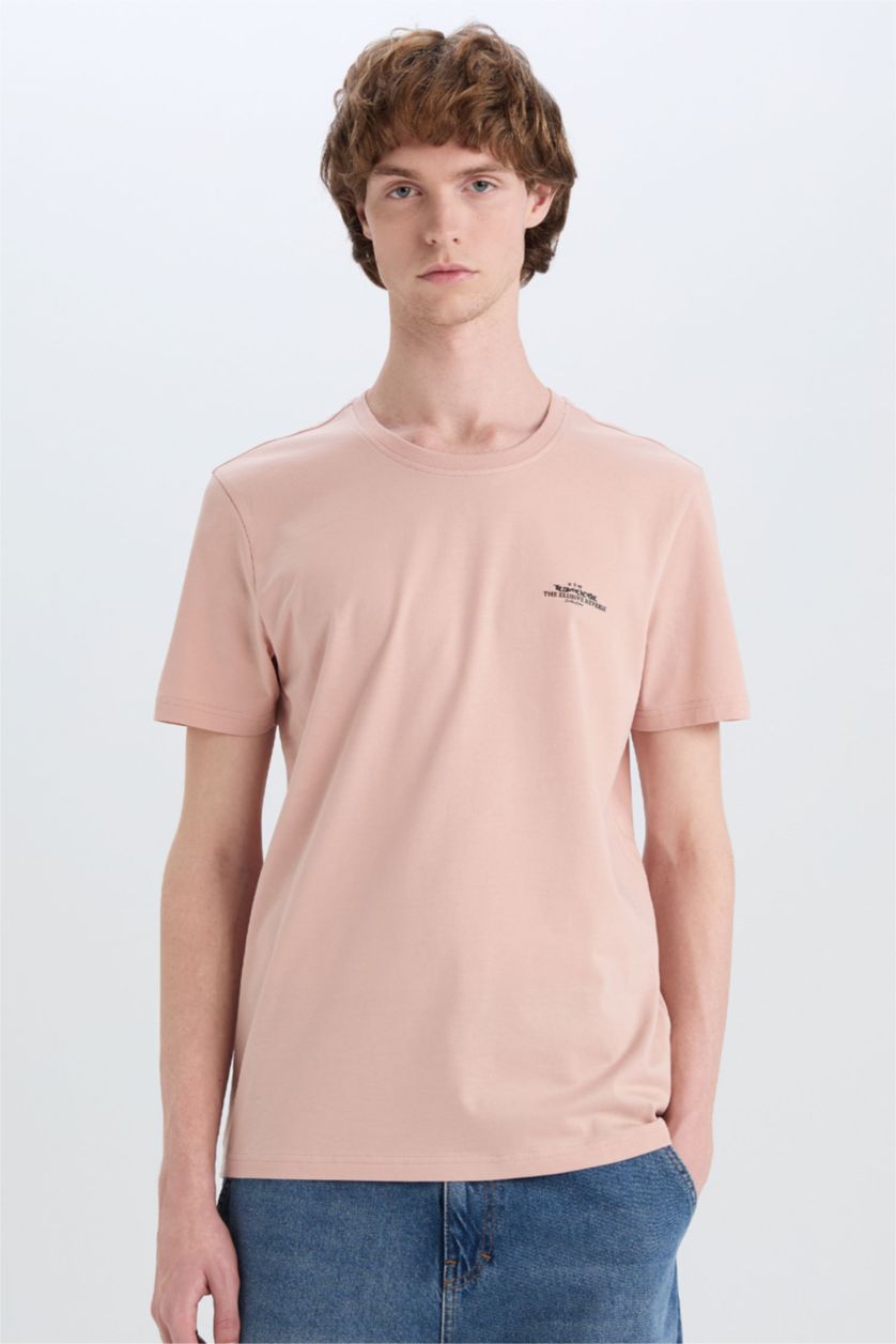 MAN Beige Cotton Slim Fit Crew Neck Printed Short Sleeve T-Shirt