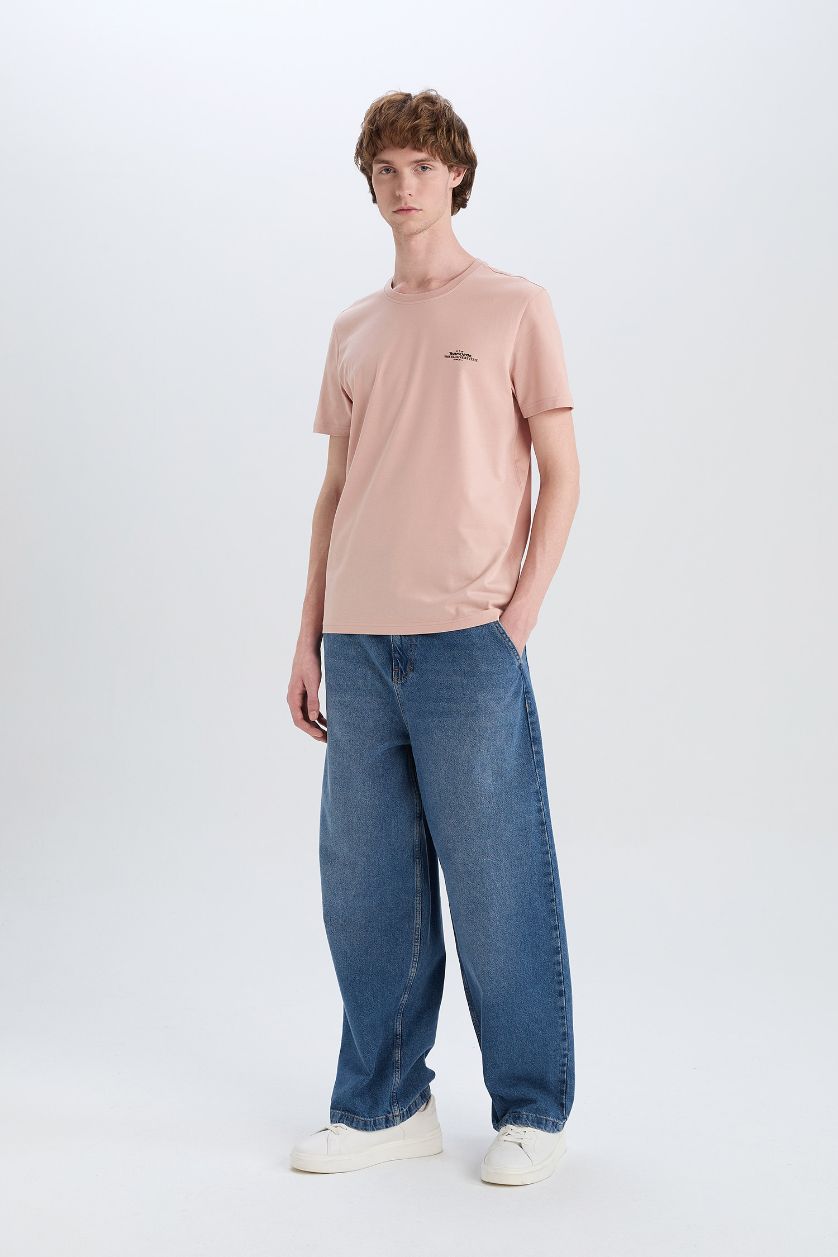 MAN Beige Cotton Slim Fit Crew Neck Printed Short Sleeve T-Shirt